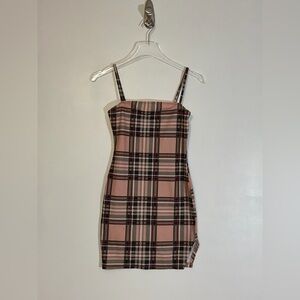 SHEIN Pink & Black Plaid Bodycon Mini Dress with Spaghetti Straps
